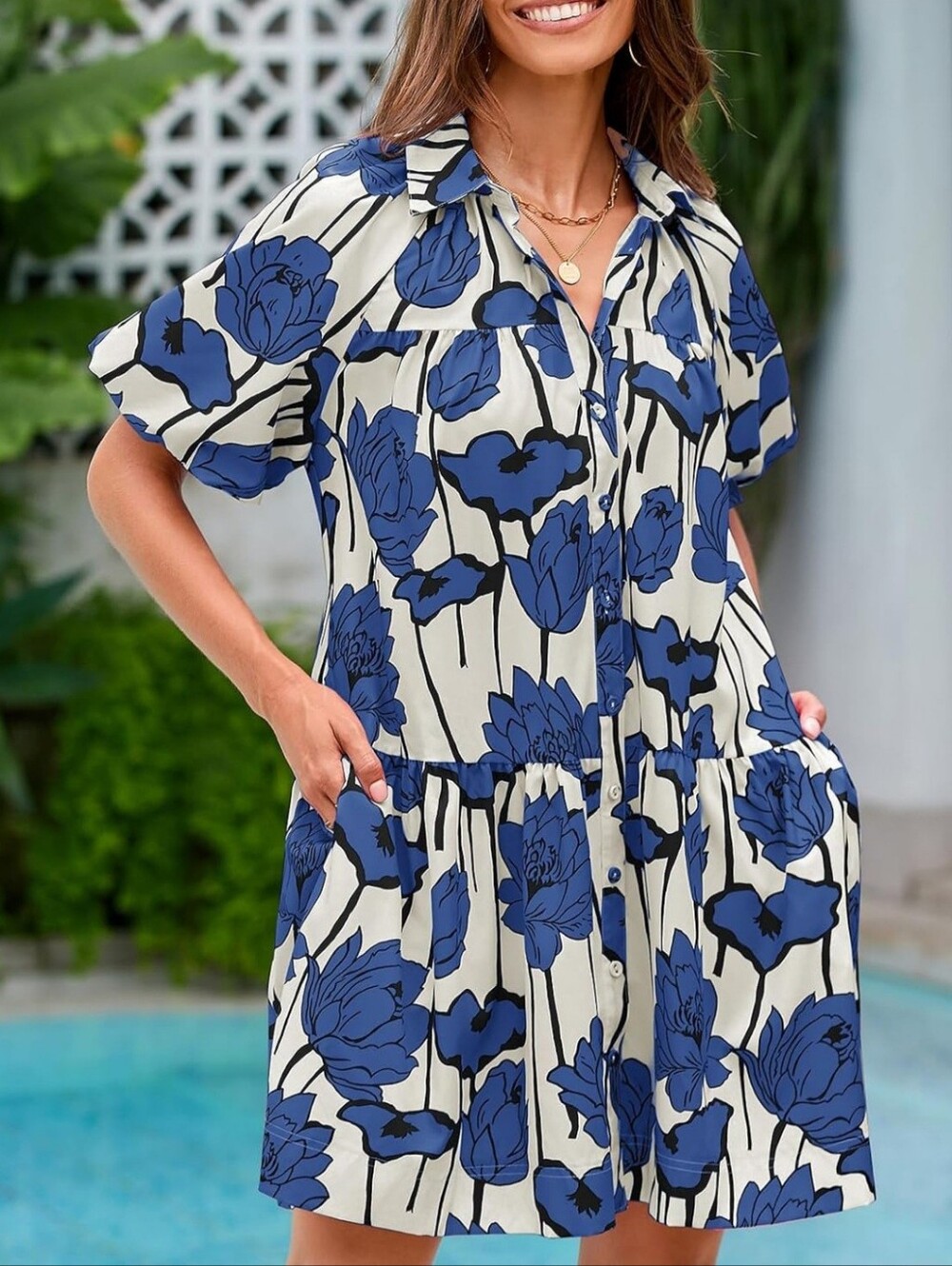 Wenrine Blue White Floral Cotton Button Front Mini Shirt Dress Puff Sleeve Boho